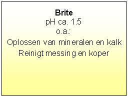 Tekstvak: BritepH ca. 1.5o.a.: Oplossen van mineralen en kalkReinigt messing en koper